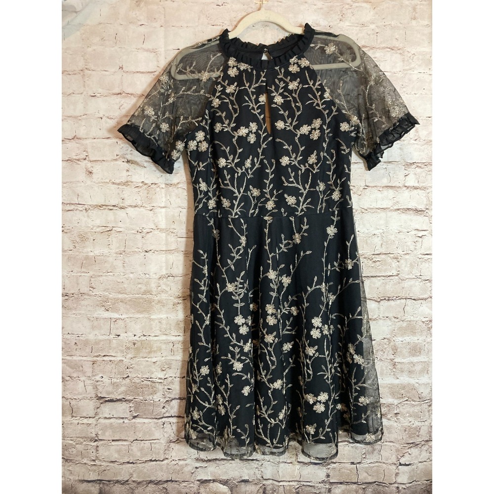 Kensie Dress 10 Black & Gold Floral Embroidered Mesh Cutout Back Dark Romantic